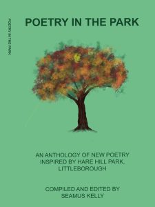 Image of the anthology cover with an image of a tree in Autumn and text against a mid green background.